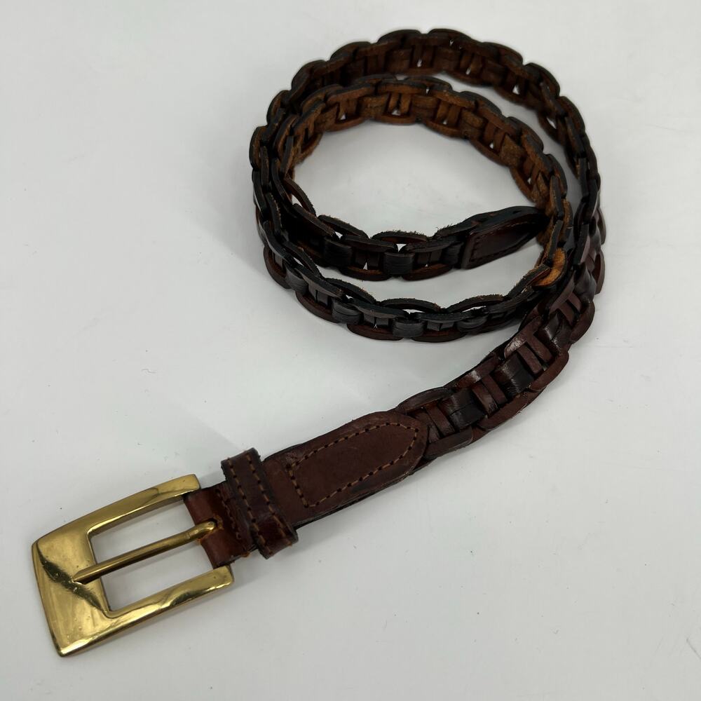 Vintage Leather Belt Womens Small Brass Buckle Braided Chain Mahogany Brown Gold - Picture 2 of 9